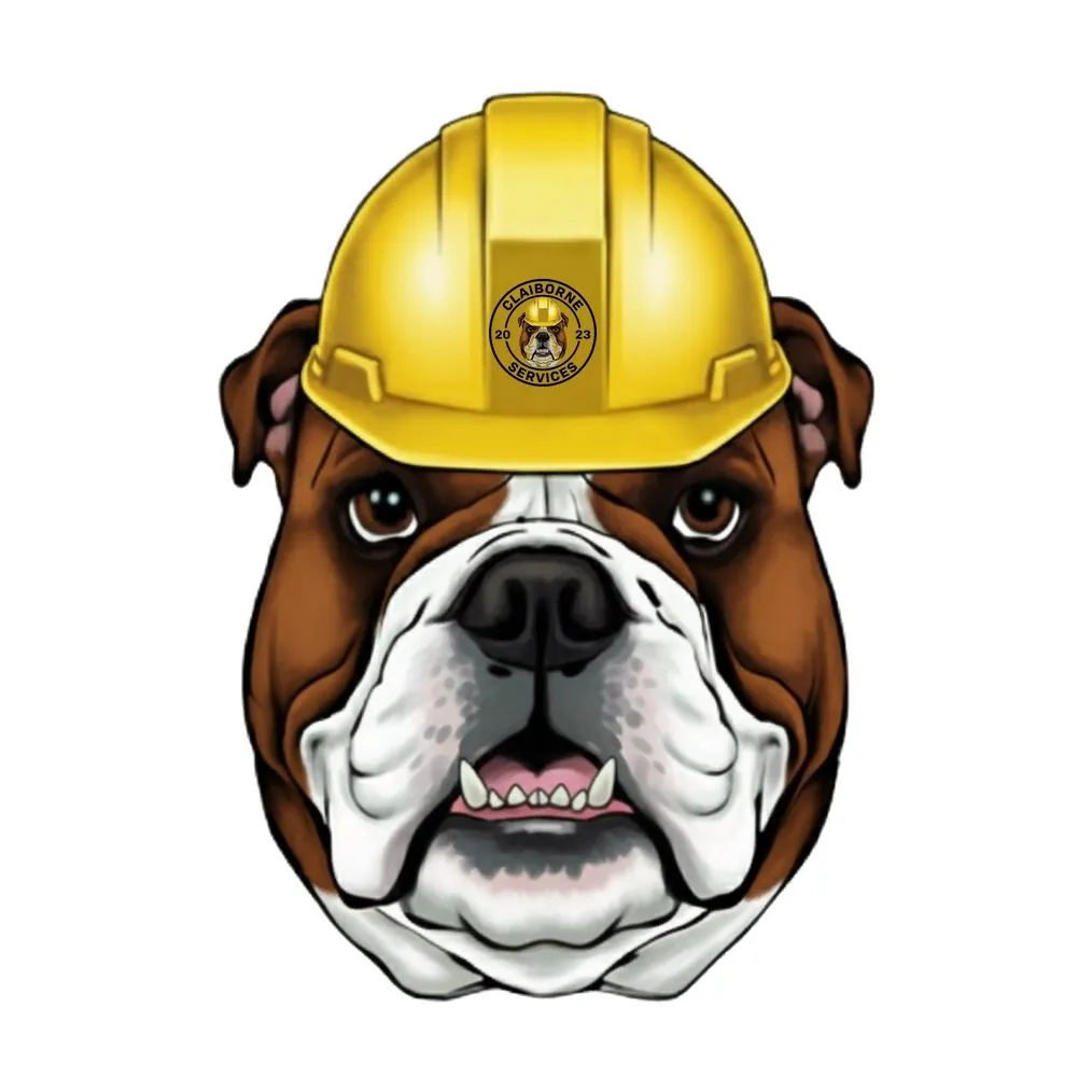 CEO Bruno — the Claiborne Services brindle English Bulldog mascot in a yellow hardhat